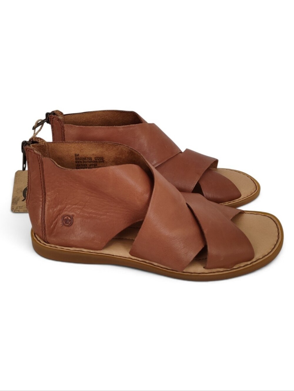 Born Imani Brown Leather Sandals Size 8 Zip Back Open Toe Criss Cross Straps